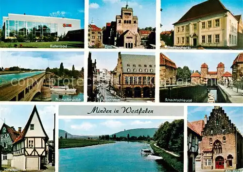 AK / Ansichtskarte 73846741 Minden__Westfalen_Weser Hallenbad Dom Stadtbuecherei Kanalbrueck Rathaus Schachtschleuse Windloch Alte Muehle 