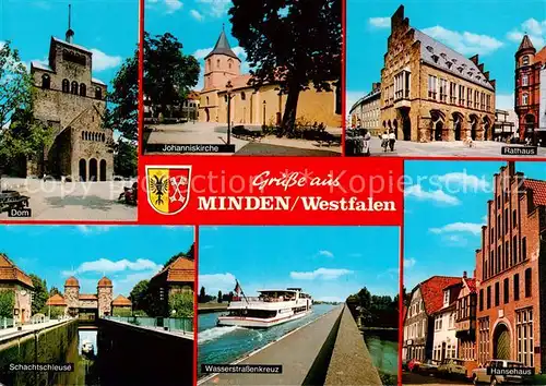 AK / Ansichtskarte 73846742 Minden__Westfalen_Weser Dom Johanniskirche Rathaus Schachtschleuse Wasserstrassenkreuz Hansehaus 