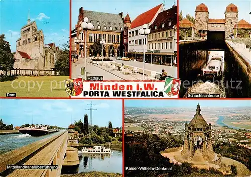 AK / Ansichtskarte 73846744 Minden__Westfalen_Weser Dom Rathaus Schachtschleuse Mittellandkanalueberfuehrung Kaiser Wilhelm Denkmal 