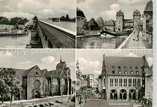 AK / Ansichtskarte 73846765 Minden__Westfalen_Weser Weserkreuz Kanalbruecke Schachtschleuse Dom Nordseite Rathaus und Scharn 