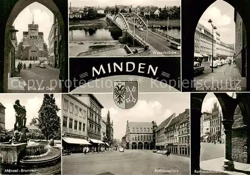 AK / Ansichtskarte  Minden__Westfalen_Weser Dom Weserbruecke Scharnstrasse Maenzel Brunnen Rathausplatz Rathausdurchblick 