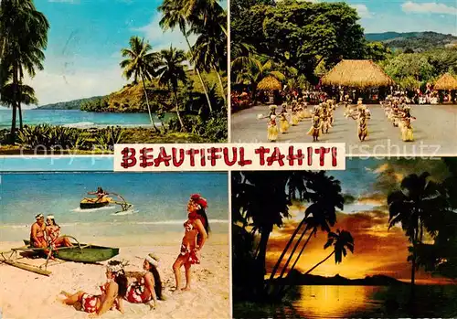 AK / Ansichtskarte Tahiti_Polynesien Kuestenpanorama Sonnenuntergang Einheimische Folklore Tahiti Polynesien