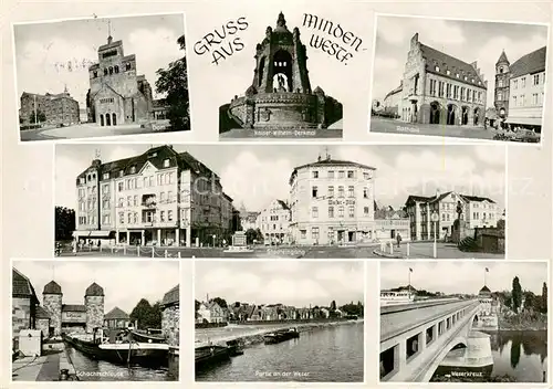 AK / Ansichtskarte Minden__Westfalen_Weser Dom Kaiser Wilhelm Denkmal Rathaus Stadteingang Schachtschleuse Partie an der Weser Weserkreuz Bruecke