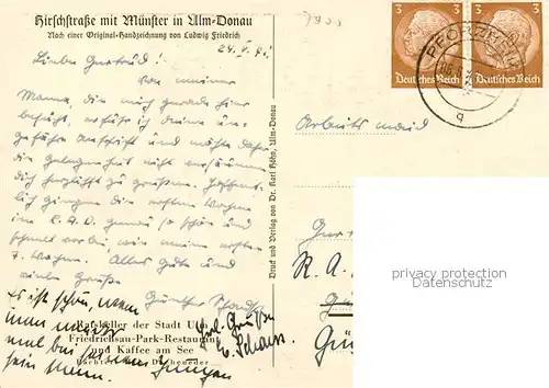 AK / Ansichtskarte Ulm__Donau Hirschstrasse mit Muenster nach Original Handzeichnung von Ludwig Friedrich Kuenstlerkarte 