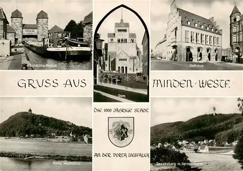 AK / Ansichtskarte Minden__Westfalen_Weser Schachtschleuse Dom Rathaus Porta Westfalica Jacobsberg Fernsehturm 1000jaehrige Stadt Wappen 