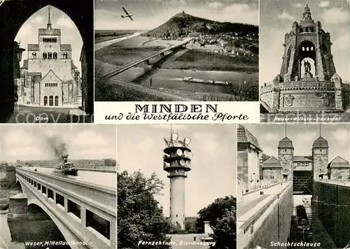 AK / Ansichtskarte Minden__Westfalen_Weser Panorama Westfaelische Pforte Kaiser Wilhelm Denkmal Dom Weser Mittellandkanal Fernsehturm Bismarckring Schachtschleuse 