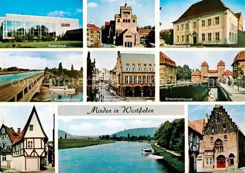 AK / Ansichtskarte Minden__Westfalen_Weser Hallenbad Dom Buecherei Kanalbruecke Rathaus Schachtschleuse Windloch Alte Muenze Weser 