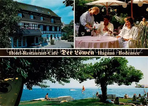 AK / Ansichtskarte 73847531 Hagnau_Bodensee Hotel Restaurant Café Der Loewen Terrasse Liegewiese am See Hagnau Bodensee