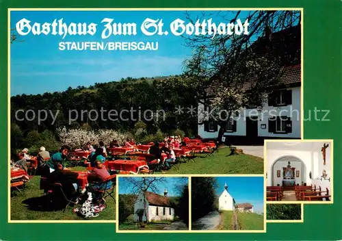 AK / Ansichtskarte 73847539 Staufen_Breisgau Gasthaus zum St. Gotthardt Gartenterrasse Kapelle Staufen Breisgau