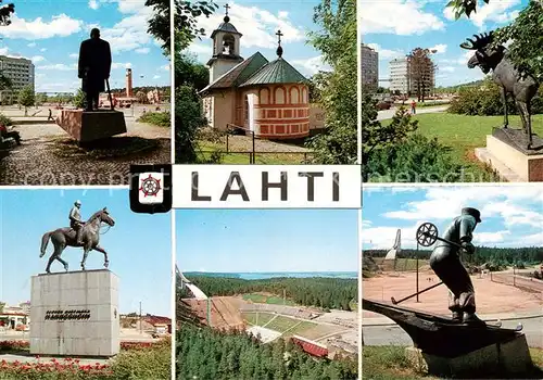 AK / Ansichtskarte 73847599 Lahti Statuen Reiterdenkmal Kirche Hochhaus Stadion Lahti