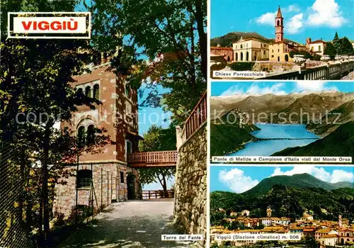 AK / Ansichtskarte 73847697 Viggiu_Lombardia_IT Chiesa Parrochiale Ponte di Melide e Campione dItalia visit dal Monte Orsa Torre del Fante Stazione climatica 