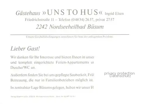 AK / Ansichtskarte 73847822 Buesum_Nordseebad Gaestehaus Uns To Hus Buesum_Nordseebad