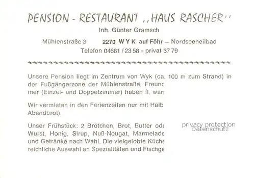 AK / Ansichtskarte 73847839 Wyk__Foehr Pension Restaurant Haus Rascher 