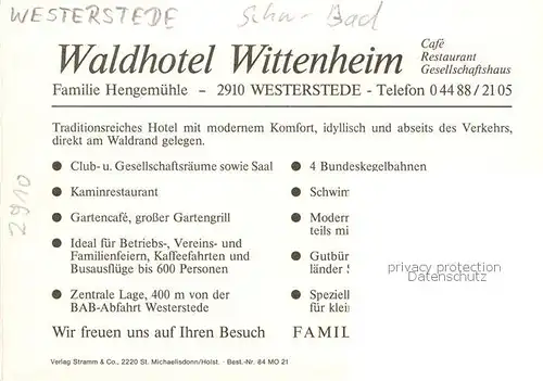 AK / Ansichtskarte 73848263 Westerstede Waldhotel Wittenheim Cafe Restaurant Gesellschafthaus Terrasse Zimmer Westerstede