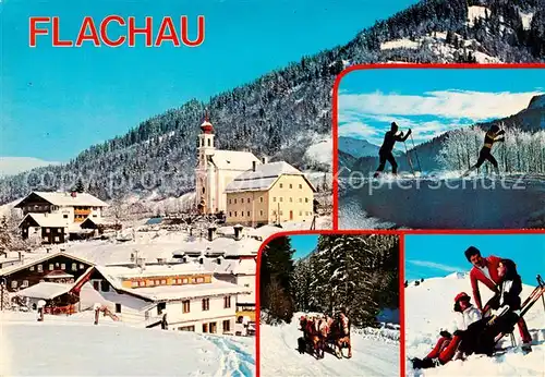 AK / Ansichtskarte 73848267 Flachau Ortspartie mit Kirche Skilanglauf Pferdeschlitten Flachau