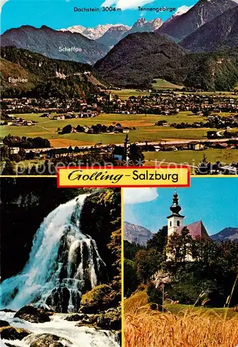 AK / Ansichtskarte 73848348 Golling__Salzach_AT mit Dachstein und Tennengebirge Wasserfall Kirche 