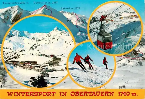 AK / Ansichtskarte 73848414 Obertauern_AT Panorama mit Kesselspitze Gamsleitenspitze Zehnerkar Seilbahn Skifahrer 