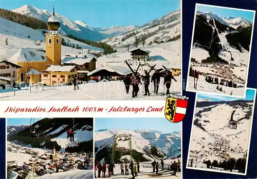 AK / Ansichtskarte 73848568 Saalbach_-Hinterglemm_AT Dorfkirche mit Talschluss und Zwoelferkogel Bernkogel Sessellift Limberglift Schattberg Hohen Tauern Schattberg Seilbahn Saalbach 