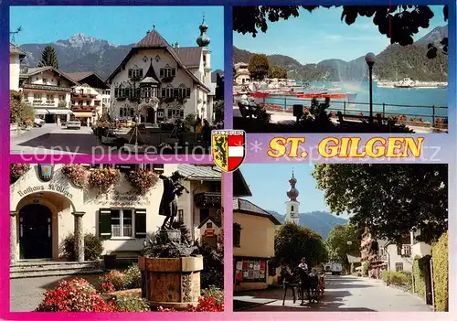 AK / Ansichtskarte 73848615 St_Gilgen_Salzkammergut am Wolfgangsee mit Schafberg und Mozart Brunnen St_Gilgen_Salzkammergut