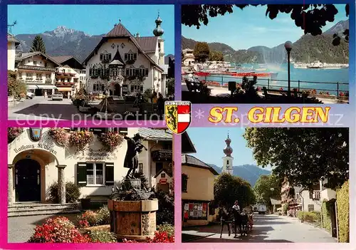 AK / Ansichtskarte  St_Gilgen_Salzkammergut am Wolfgangsee mit Schafberg und Mozart Brunnen St_Gilgen_Salzkammergut