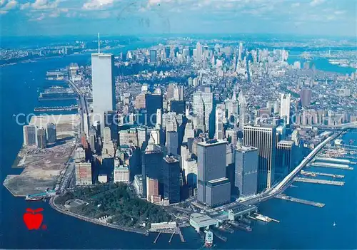 AK / Ansichtskarte 73848717 New_York_City Manhattan in foreground Twin Towers with Hudson River Air view New_York_City