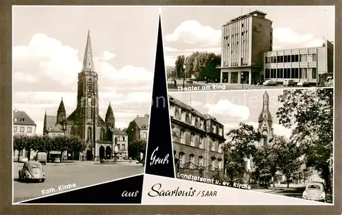 AK / Ansichtskarte  Saarlouis_Saarlautern Kath Kirche Theater am Ring Landratsamt und ev Kirche 