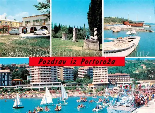 AK / Ansichtskarte 73848977 Portoroz_Portorose_Piran_Istrien_Slovenia Teilansichten Park Bootshafen Strandpartie 