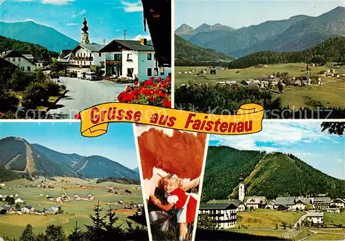 AK / Ansichtskarte 73849034 Faistenau_Salzburg_AT Ortspartie Panorama Kind beim Kuh melken Kirche 