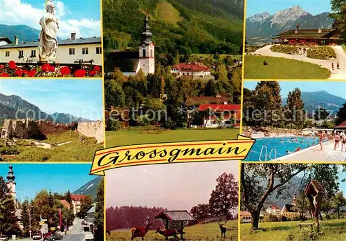 AK / Ansichtskarte  Grossgmain Brunnenmadonna Grossgmain mit Untersberg Jausenstation Wolfschwang Ruine Plainburg Schwimmbad Grenze Wildpark Wolfschwang Wegekreuz Kirche Grossgmain