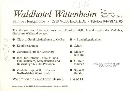 AK / Ansichtskarte 73849283 Westerstede Waldhotel Wittenheim Cafe Restaurant Gesellschaftshaus Terrasse Zimmer Westerstede
