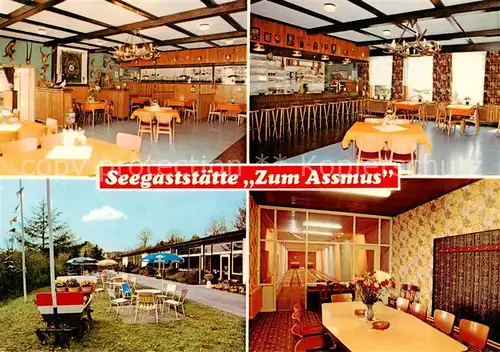 AK / Ansichtskarte 73849365 Warder_Neumuenster Seegaststaette Zum Assmus Gastraum Kegelbahn Terrasse Warder_Neumuenster