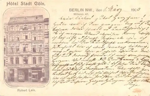 AK / Ansichtskarte  Berlin Hotel Stadt Coeln Deutsche Reichspost Berlin