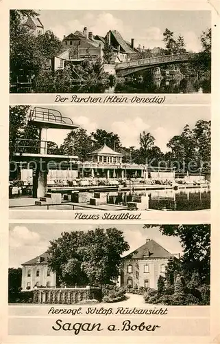 AK / Ansichtskarte 73849840 Sagan_Zagan_PL Der Parchen Neues Stadtbad Herzogl Schloss Rueckansicht 