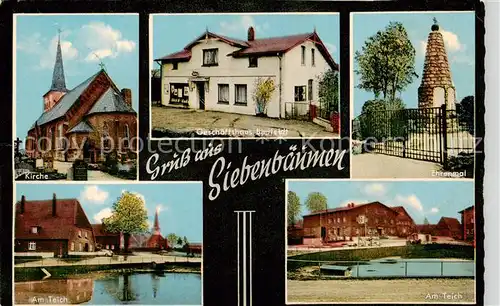 AK / Ansichtskarte 73849995 Siebenbaeumen Kirche Geschaeftshaus Ehrenmal Partien am Teich Siebenbaeumen