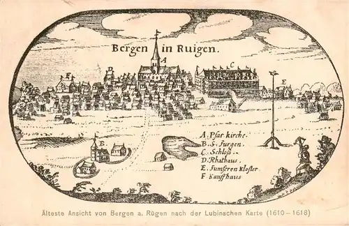 AK / Ansichtskarte 73850025 Bergen__Ruegen aelteste Ansicht nach der Lubinschen Karte 1610-1618 Kuenstlerkarte 