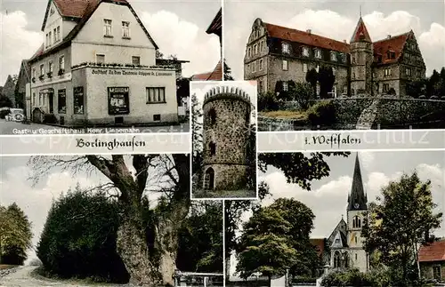 AK / Ansichtskarte 73850104 Borlinghausen_Willebadessen Gast- und Geschaeftshaus Linnemann Schloss Kirche Alter Baum 