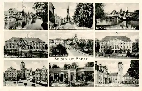 AK / Ansichtskarte  Sagan_Zagan_PL Muehlgraben Friedr Wilh Strasse Der Parchen mit neuer Bruecke Herzogl Schloss Kaiser Wilhelm Bruecke Rochusburg Butter Markt Ludwigsgarten Barockhaus mit Gymnasium 