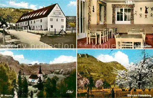 AK / Ansichtskarte  Leutenbach_Oberfranken Haus Monika Kindergarten St. Moritz Kirche Blick zur Ehrenburg Baumbluete Leutenbach Oberfranken