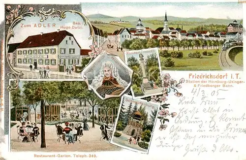 AK / Ansichtskarte  Friedrichsdorf_Taunus Gasthaus Zum Adler Restaurant Garten Panorama Schnepfenburg Landgraf Friedrich Monument Friedrich II Friedrichsdorf Taunus