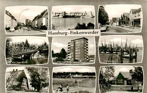 AK / Ansichtskarte 73851398 Finkenwerder_Finkwarder_Hamburg Teilansichten Deutsche Werft Fischerflotte Bruecke Schule Badeleben an der Elbe 
