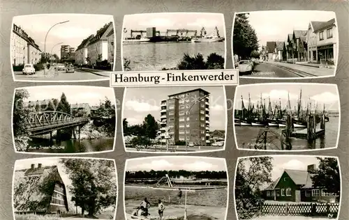 AK / Ansichtskarte  Finkenwerder_Finkwarder_Hamburg Teilansichten Deutsche Werft Fischerflotte Bruecke Schule Badeleben an der Elbe 