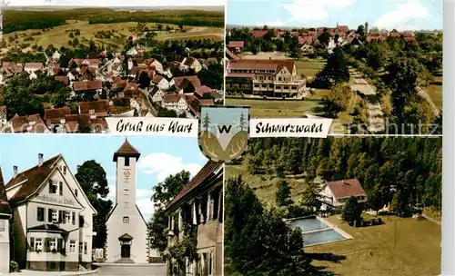 AK / Ansichtskarte 73851720 Wart_Altensteig_Schwarzwald Panorama Hoehenkurort Luftaufnahmen Pension Haus Schoenblick Freibad 