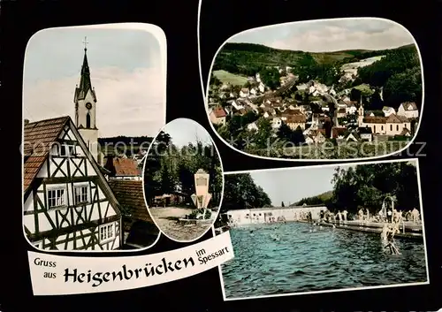 AK / Ansichtskarte  Heigenbruecken Altstadt Fachwerkhaus Kirche Freibad Panorama Luftkurort Heigenbruecken