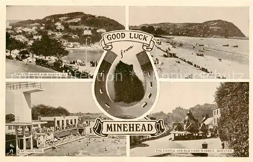 AK / Ansichtskarte  Minehead_West_Somerset_UK Esplanade and North Hill The Beach Bathing Pool The Castle and Old Yarn Market Dunster 