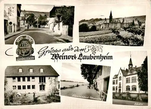 AK / Ansichtskarte 73852183 Laubenheim__Rhein_Mainz Ortsansichten Rathaus Schule Schwimmbad Rheinufer Kirche 