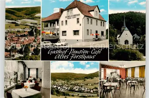 AK / Ansichtskarte 73852225 Bieber_Spessart Gasthof Pension Café Altes Forsthaus Gastraum Kirche Panorama Bieber Spessart