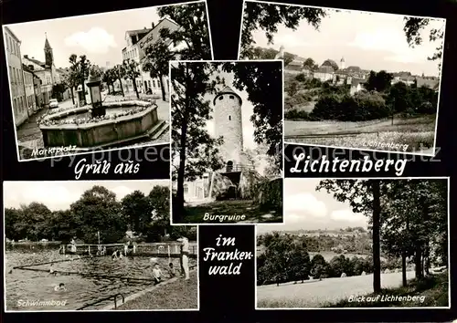 AK / Ansichtskarte 73852256 Lichtenberg_Oberfranken Marktplatz Burgruine Schwimmbad Panorama Blick auf Lichtenberg Lichtenberg Oberfranken