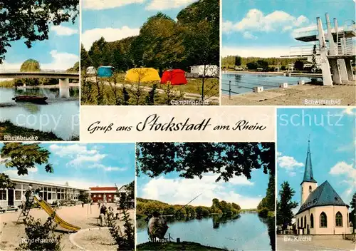 AK / Ansichtskarte 73852257 Stockstadt Rheinbruecke Campingplatz Schwimmbad Kindergarten Am Altrhein Kirche Stockstadt