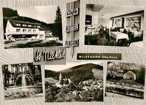 AK / Ansichtskarte 73852260 Wildemann_Harz Café Hotel Pension St. Nickel Springbrunnen Konzertpavillon 