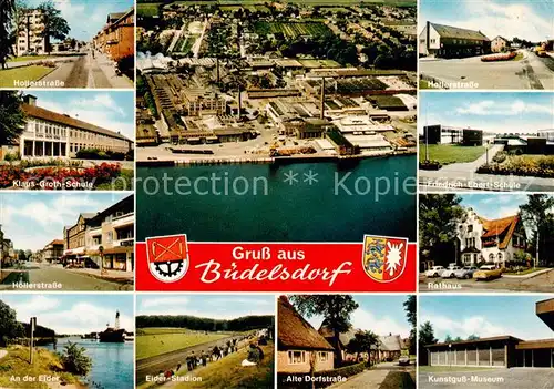 AK / Ansichtskarte  Buedelsdorf Luftaufnahme Strassenpartien Schulen Eider Stadion Museum Buedelsdorf